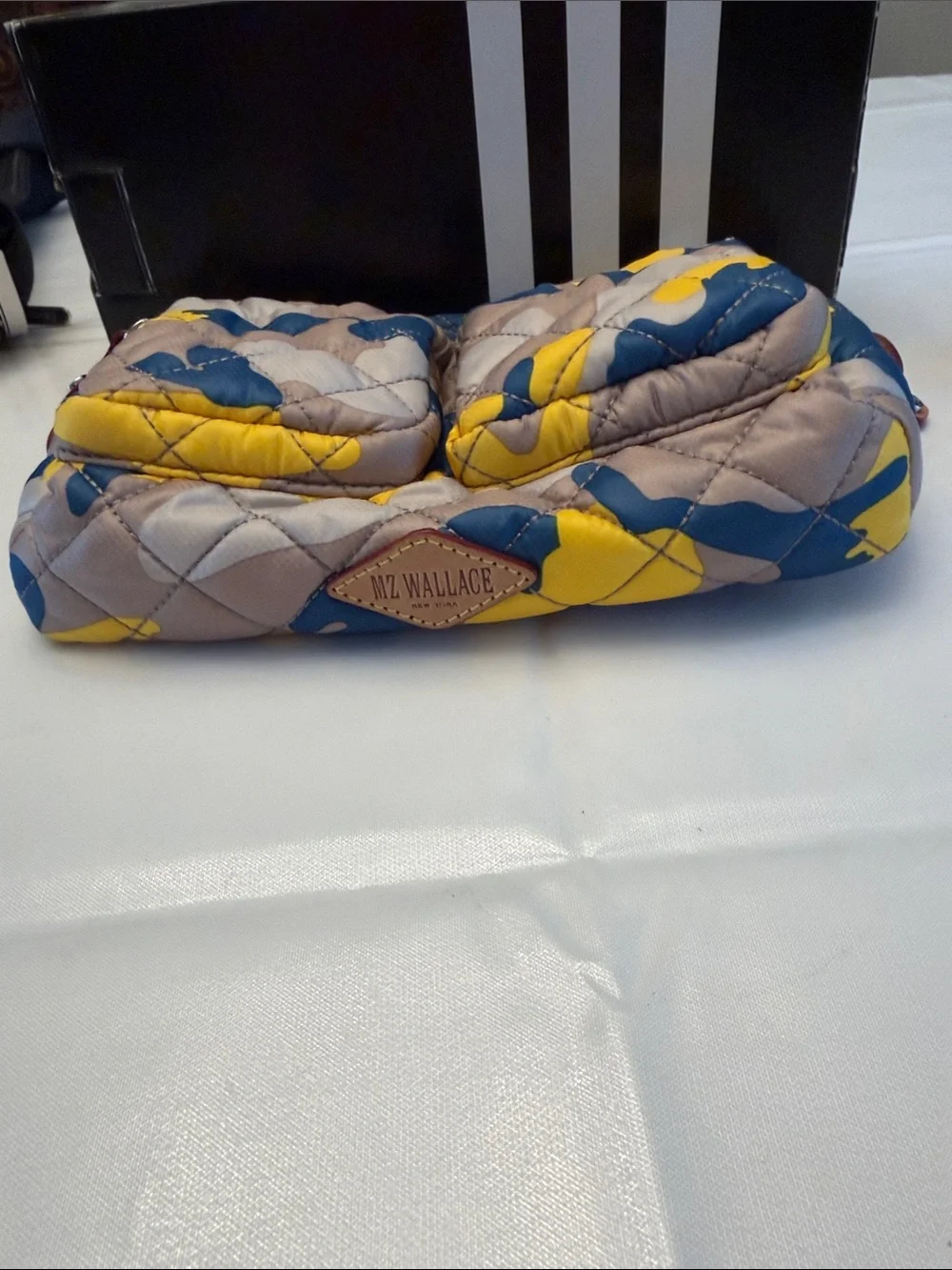 MZ Wallace Quilted Camouflage Savoy Cosmetic Bag in Blue, Yellow & Tan